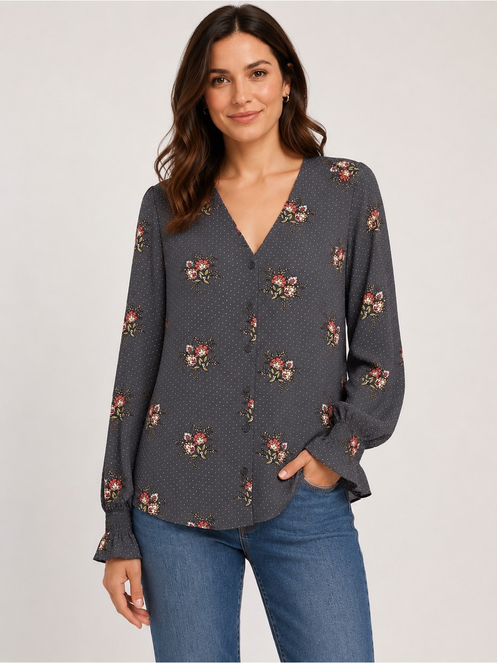 T Tahari XL Floral Polka Dot Button Front Blouse Smocked Ruffle Sleeve - Picture 1 of 6